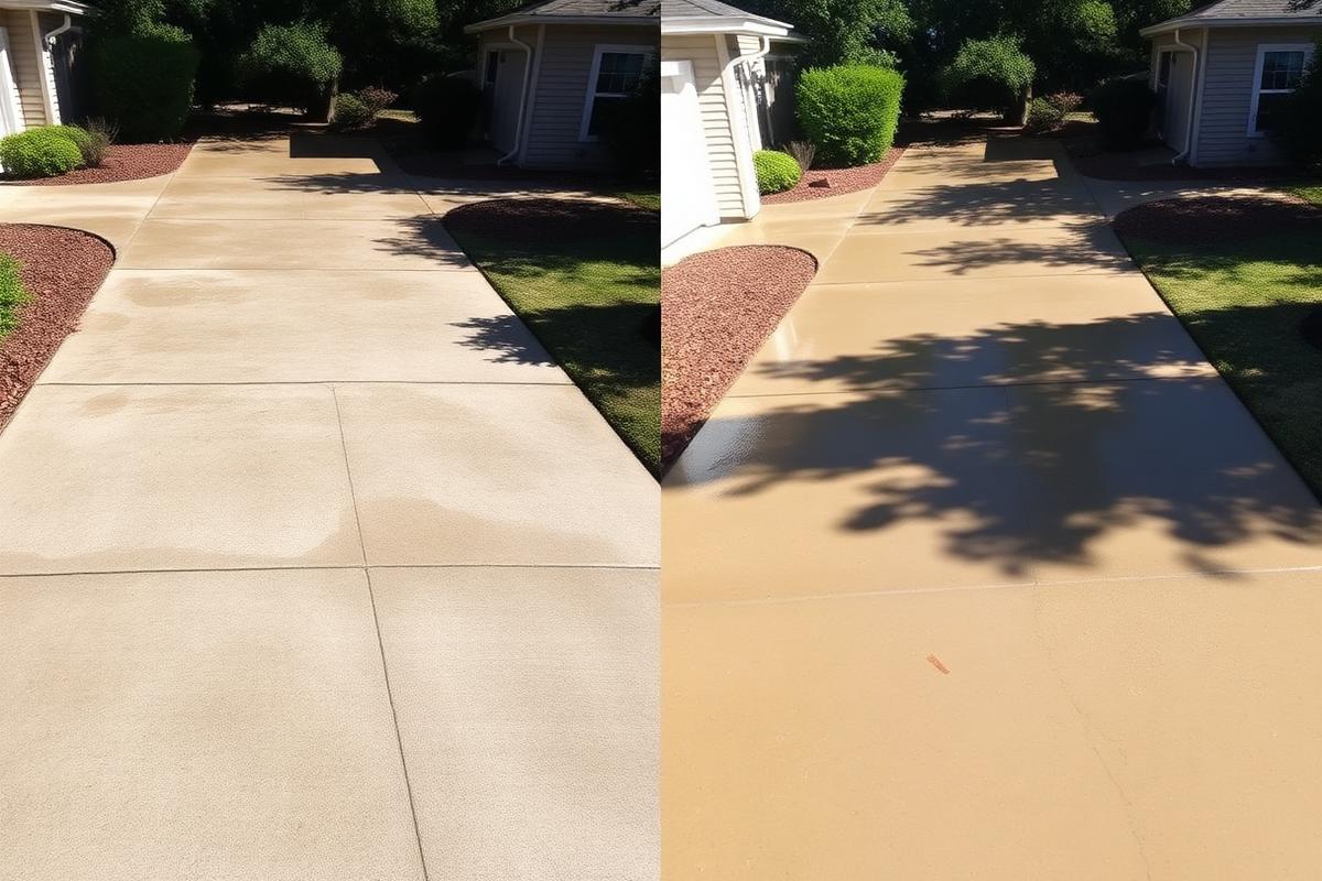 Before and after pressure washing results on a concrete driveway